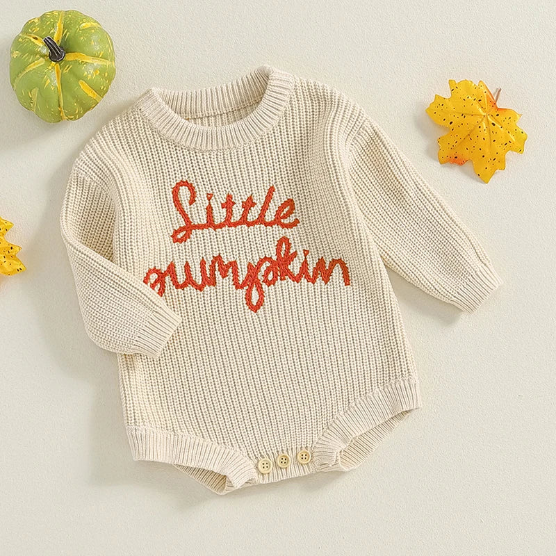 Baby Pumpkin Knit Romper - Long Sleeve Halloween Jumpsuit (0-18M)