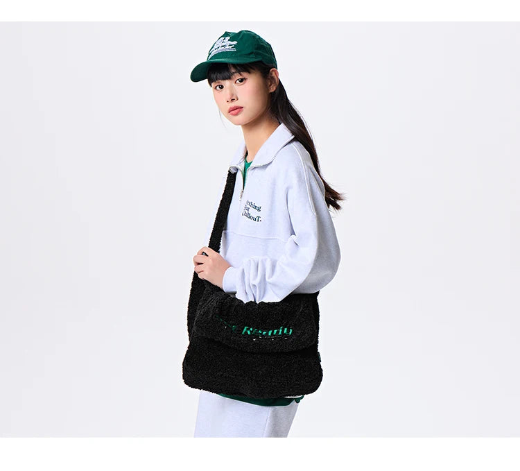 Sherpa Faux Lamb Wool Messenger Bag - Large Capacity Crossbody Shoulder Bag