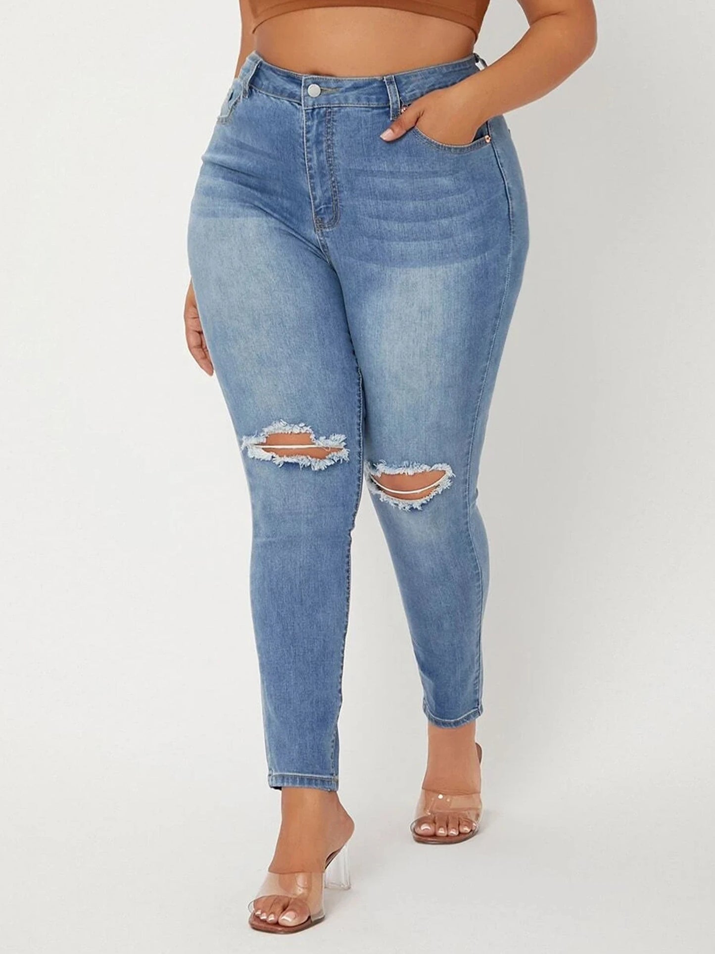 Women's Plus Size Ripped High Waist Stretchy Denim Jeans