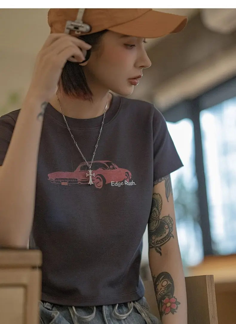 Women's Vintage Racing Print Crop Top - Y2K Style Short Sleeve Tee