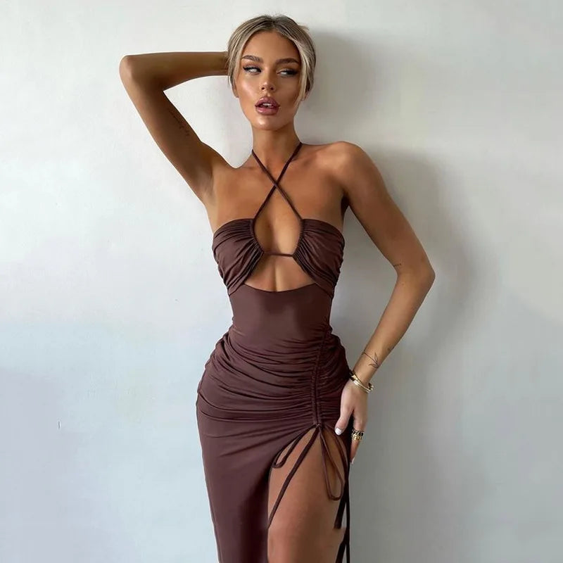Women's Halter Backless Sleeveless Cut Out Maxi Elegant Party Slit Dress