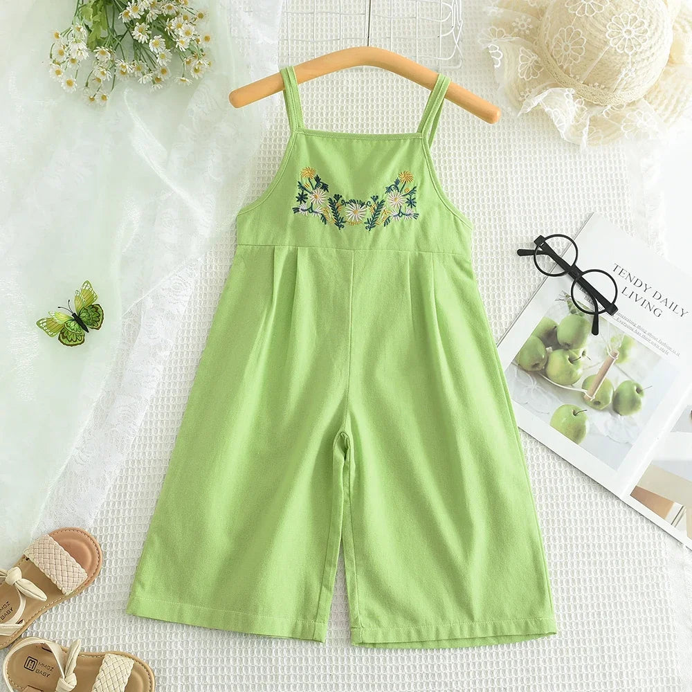 Girls Summer Overalls - Embroidered Flower Sling Cotton Pants