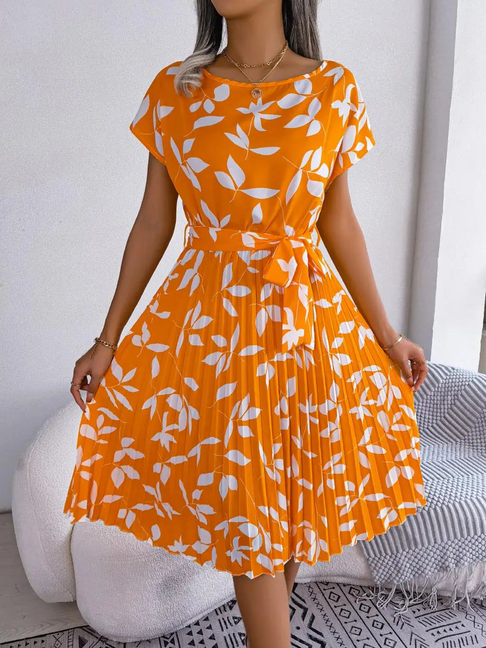 Women's Floral Pleated A Line Long Spring Summer Short Sleeve High Waist Chic Dress