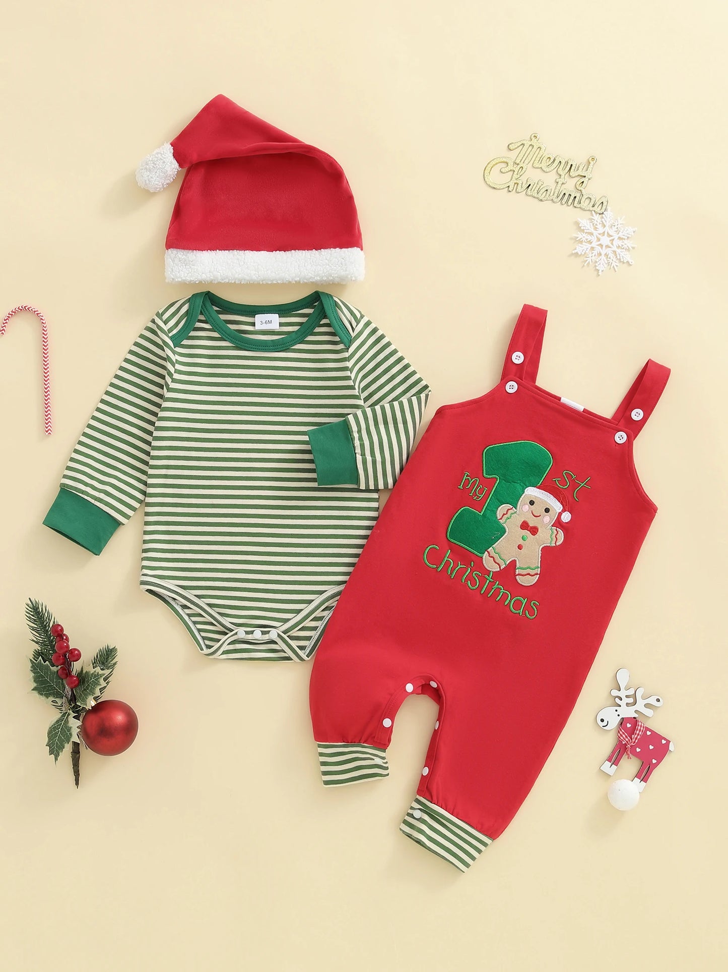 Newborn Baby Boys Fall Winter Christmas Clothes Set - Stripe Long Sleeve Romper, Embroidery Overall Pants & Hat