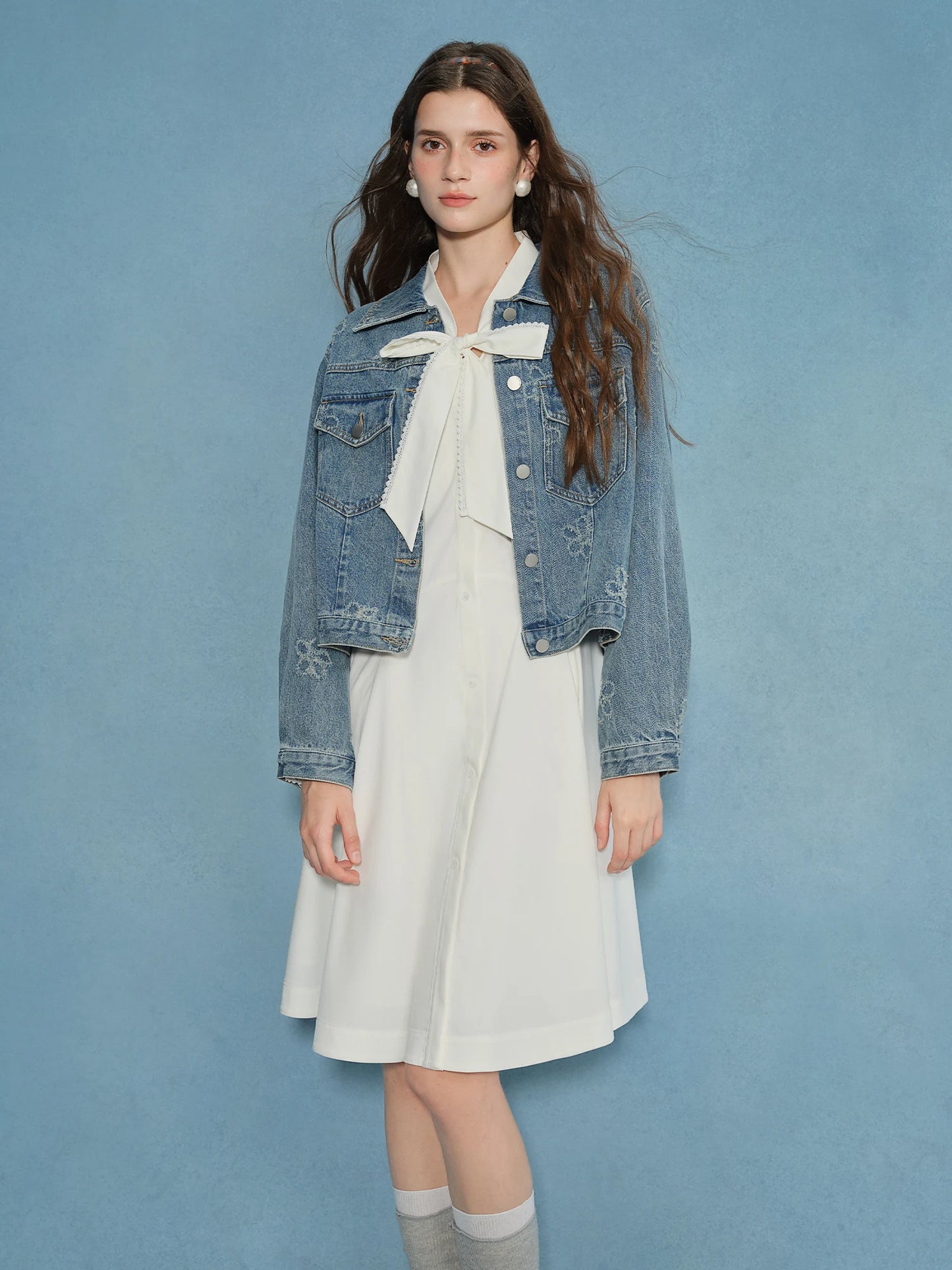 Plus Size Bow Lace Draped Collar Blouse Dress - White Cocktail Dress