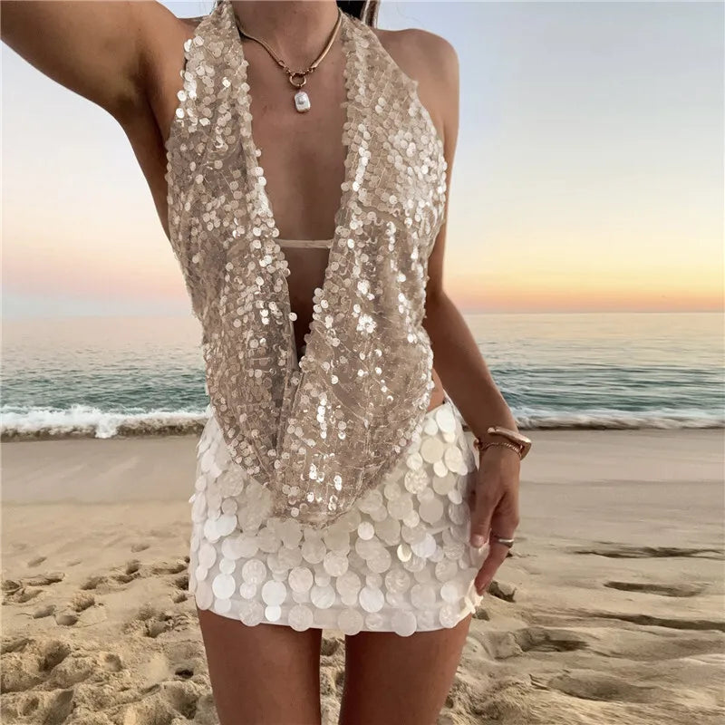 Women's Halter Deep V Neck Sequins Tank Cropped Top