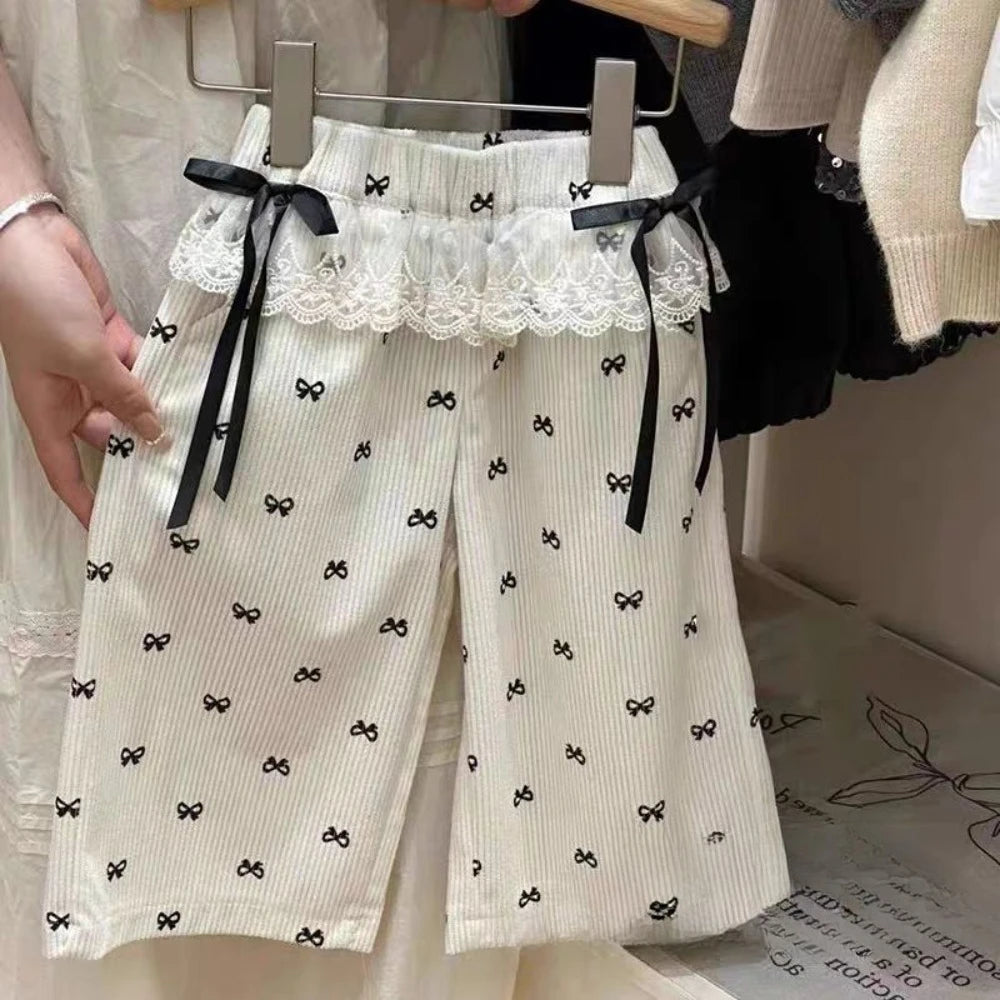 Girl's Summer Bow Print Lace Wide Leg Pants Set 3-6 Years
