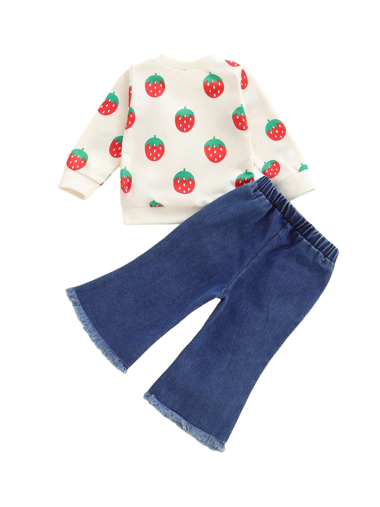 Kids Girls Fall Winter Clothes Set - 3D Strawberry Long Sleeve Pullover Top & Ripped Denim Flare Pants