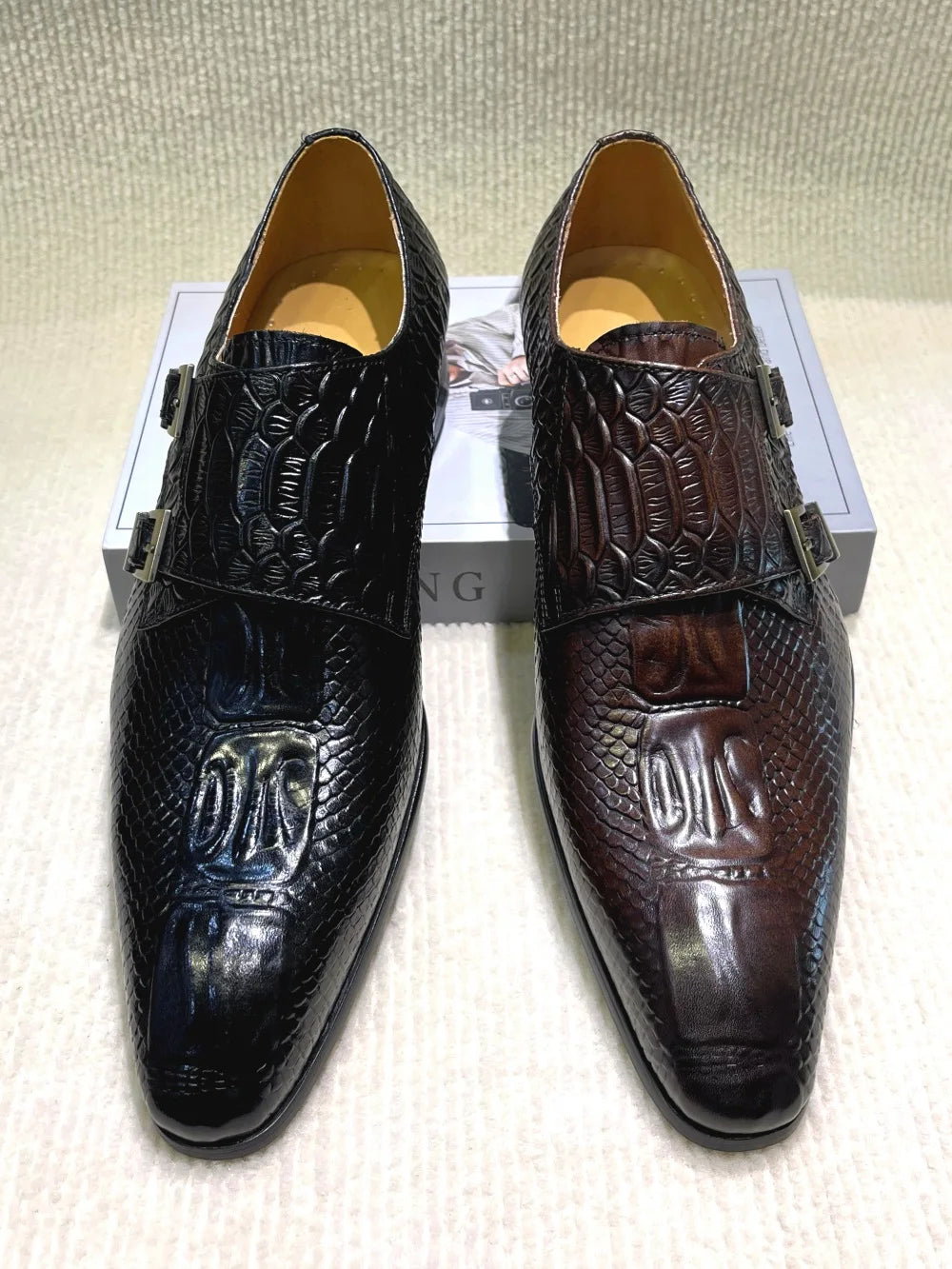 Men's Italian Genuine Leather Formal Oxford Python Crocodile Pattern Button Detailing for Office Party Wedding Shoes