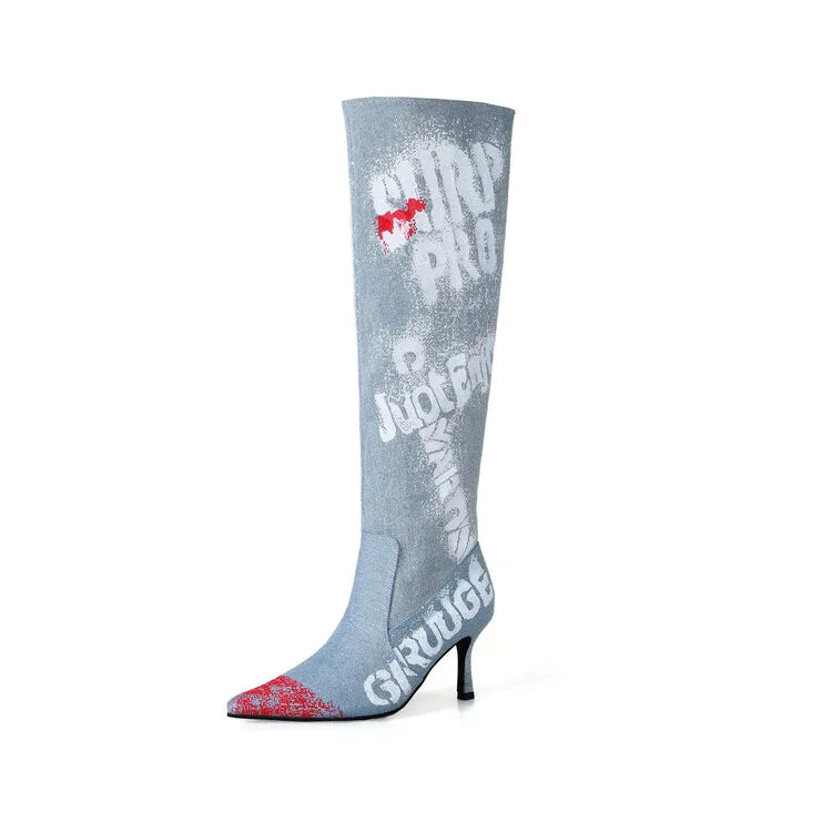 Women's 7cm Thin Heel Graffiti Folded Denim Boots
