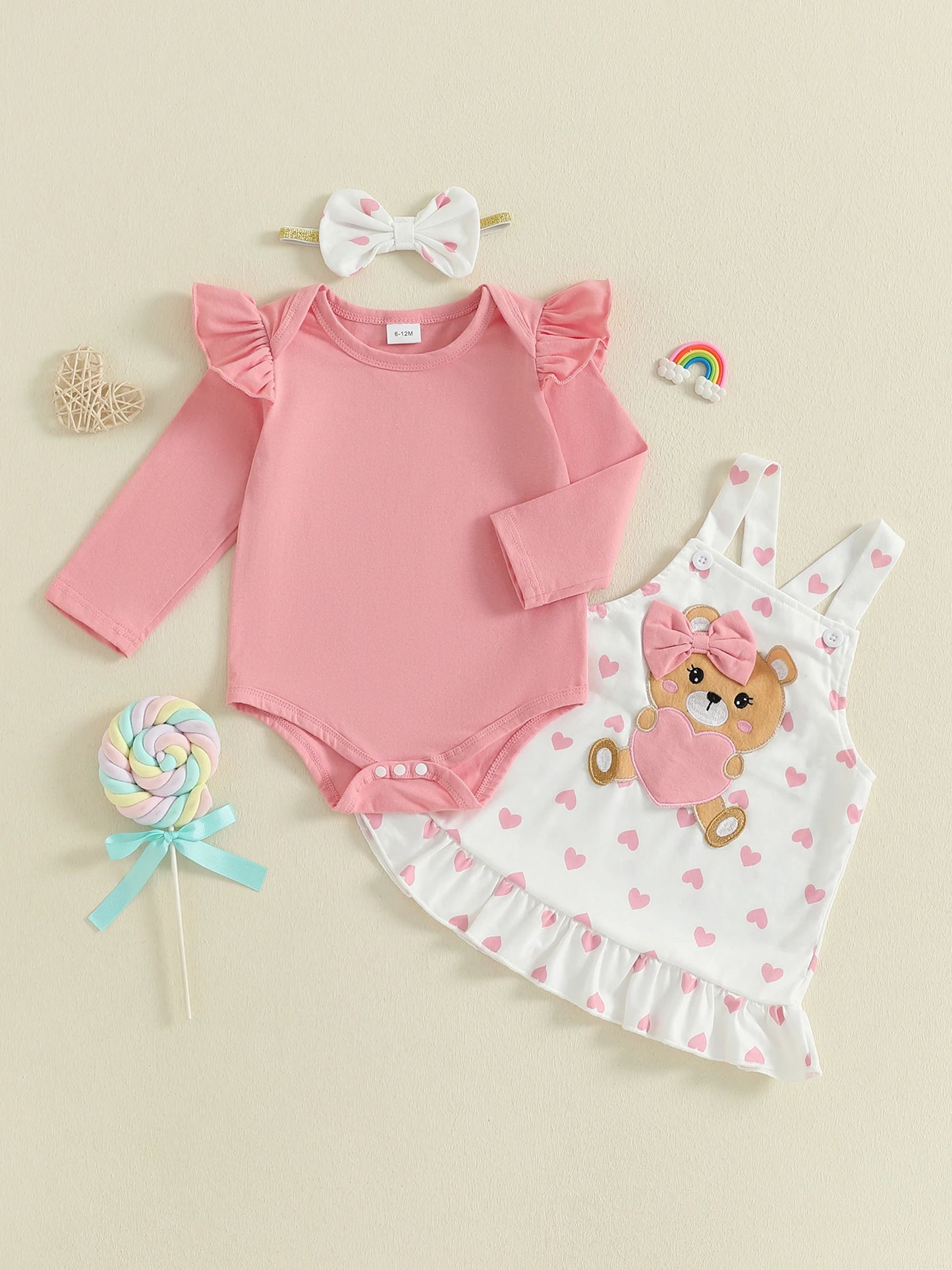 Baby Girls Bear Embroidered Dress Set with Bow Headband (0-18M)