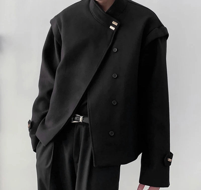 Men's Solid Simple Metal Buckle Design Jacket Coat Long Sleeved Jacket