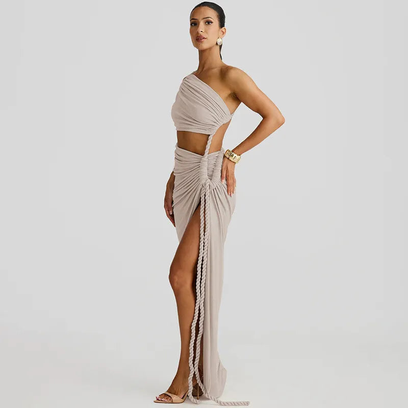 Women's Off-shoulder Thigh High Split Maxi Strapless Sleeveless Ruched Bodycon Party Dress