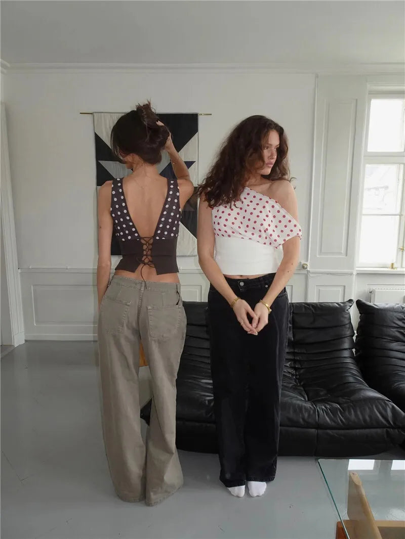 Women's Backless Polka Dot Crop Top Summer New Oblique Shoulder Sleeveless Tank Top