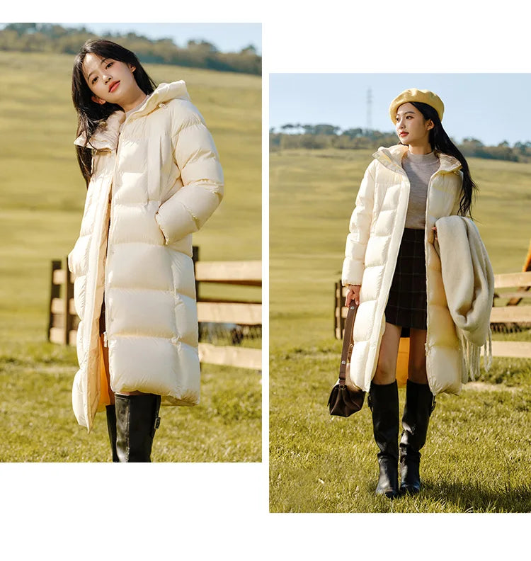 Women's Long Down Jacket - Three-Proof Hooded Winter Coat Loose Fit