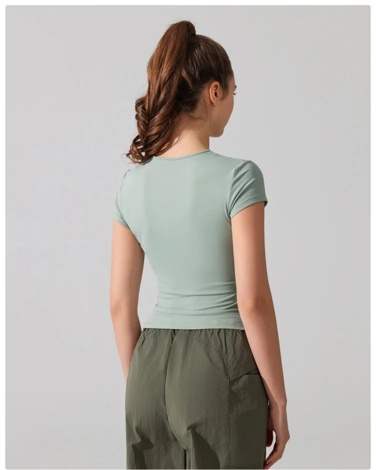 Women's Summer Short Sleeve Yoga T-Shirt Solid Color Slim Fit Gym Running Top Round Neckline Breathable Quick Dry Fitness Sportswear