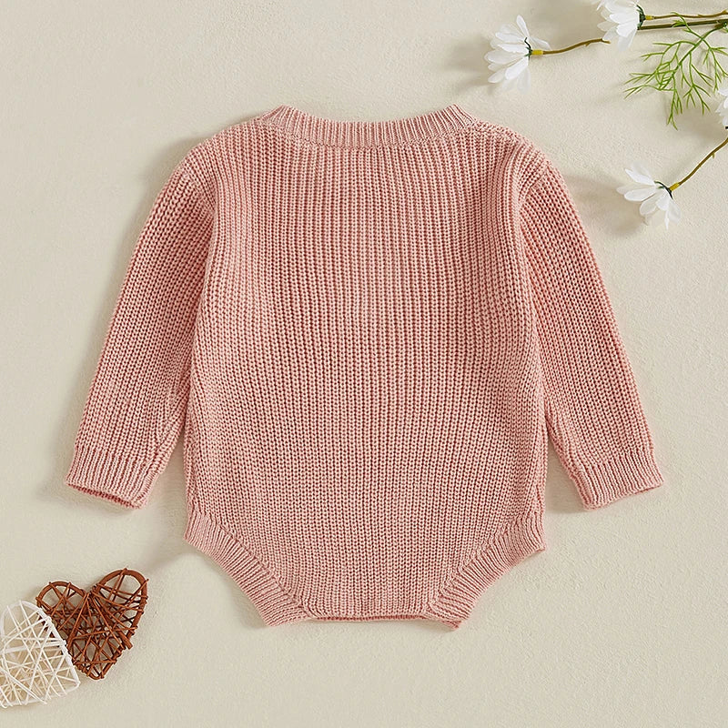 Newborn Baby Girl's Sweater Romper - Heart Knit Long Sleeve Jumpsuit for Valentine's