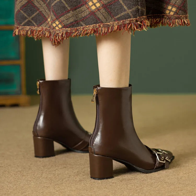 Women's Leather Metal Belt Buckle Short 6cm Square Heel Rivet Boot Back Zipper Boots