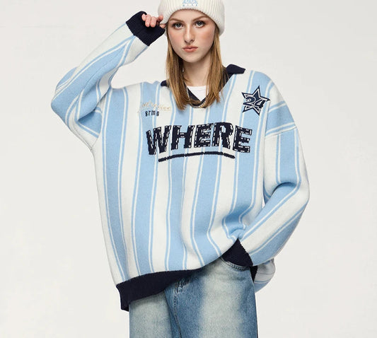 Unisex Vertical Stripe Cozy Retro Sporty Loose Colorblock Knit Pullover Top Sweater