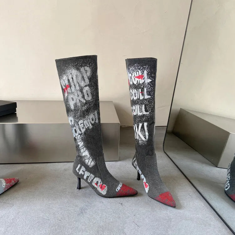 Women's 7cm Thin Heel Graffiti Folded Denim Boots