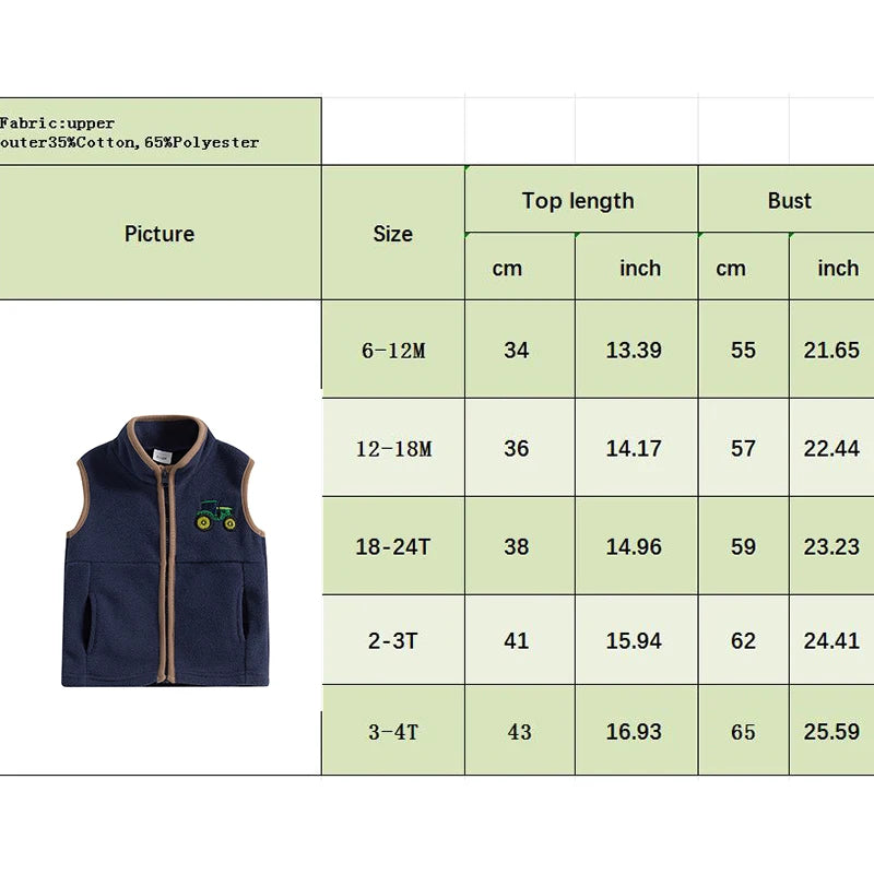 Toddler Boy's Autumn Vest - Sleeveless Zip-Up Tractor Embroidery Fleece Jacket