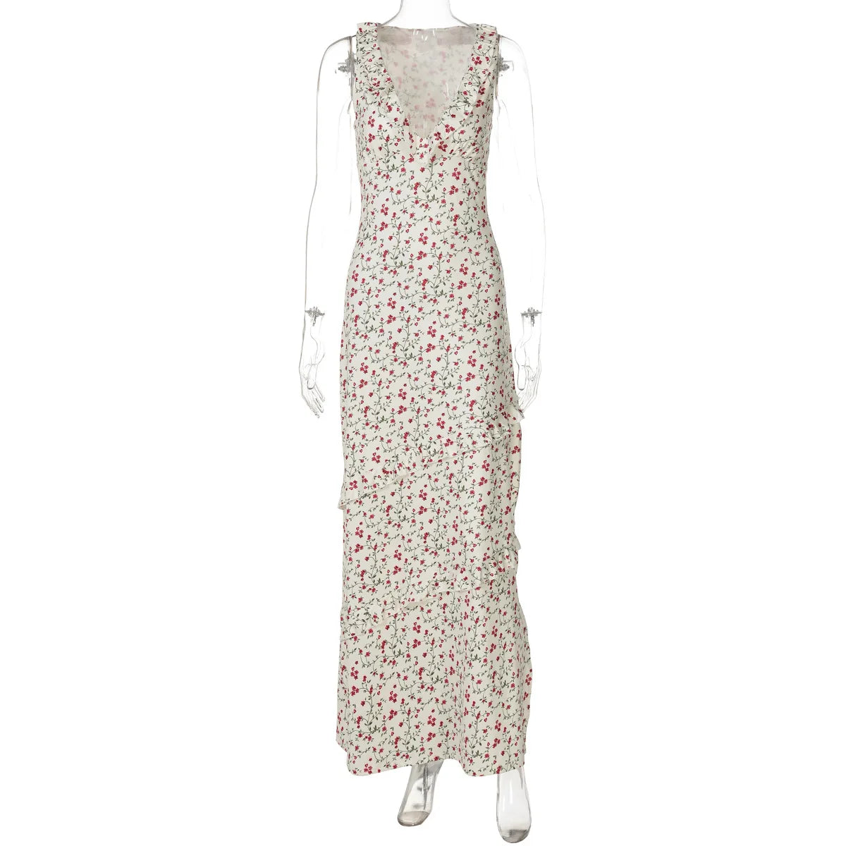 Women's Summer Floral Print Draped V Neck Maxi Ruffled Detail Sun Dress