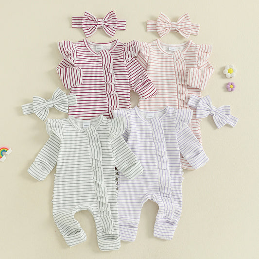 Newborn Baby 2-Piece Romper Outfit Set - Striped Jumpsuit with Headband