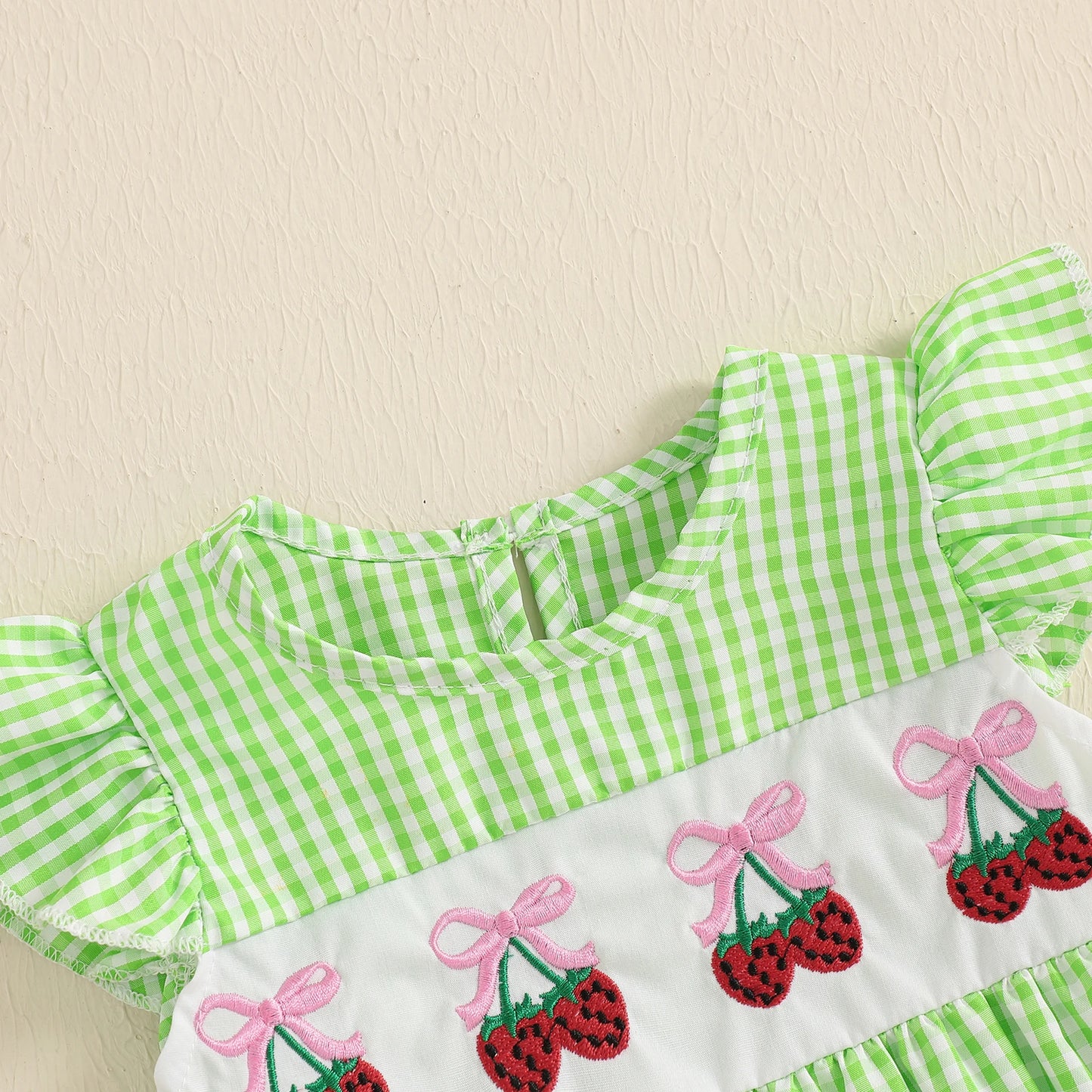 Baby Fruit Embroidery Romper - Ruffles Fly Sleeves Plaid Print Jumpsuit (0-18M)