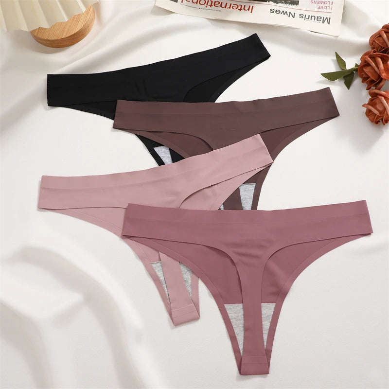 4Pcs Women's Seamless Thongs Breathable Panties Low-Waist Solid Underwear Stretch G-string Invisible T-Back Lingerie
