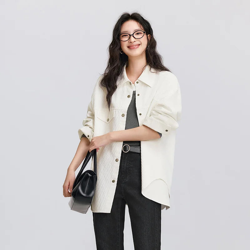 Women's Long Sleeve Diamond Pattern Cotton Shirt - Mid-Length Oversize Top