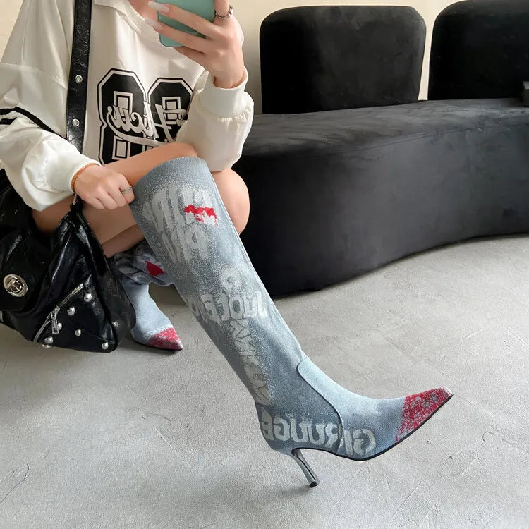 Women's 7cm Thin Heel Graffiti Folded Denim Boots