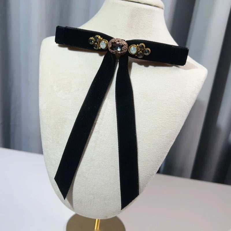 Retro Velvet Bow Brooch - Rhinestone Fabric Lapel Pin