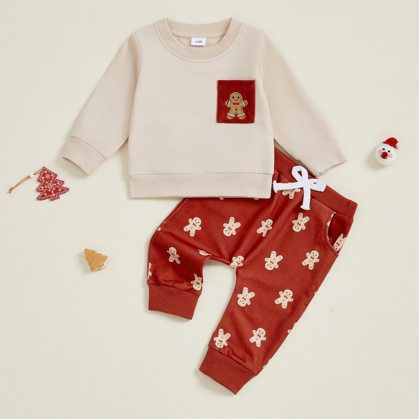 Baby Boys Christmas Gingerbread Outfit Set - Long Sleeve O-Neck Top & Drawstring Pants (0-3Y)