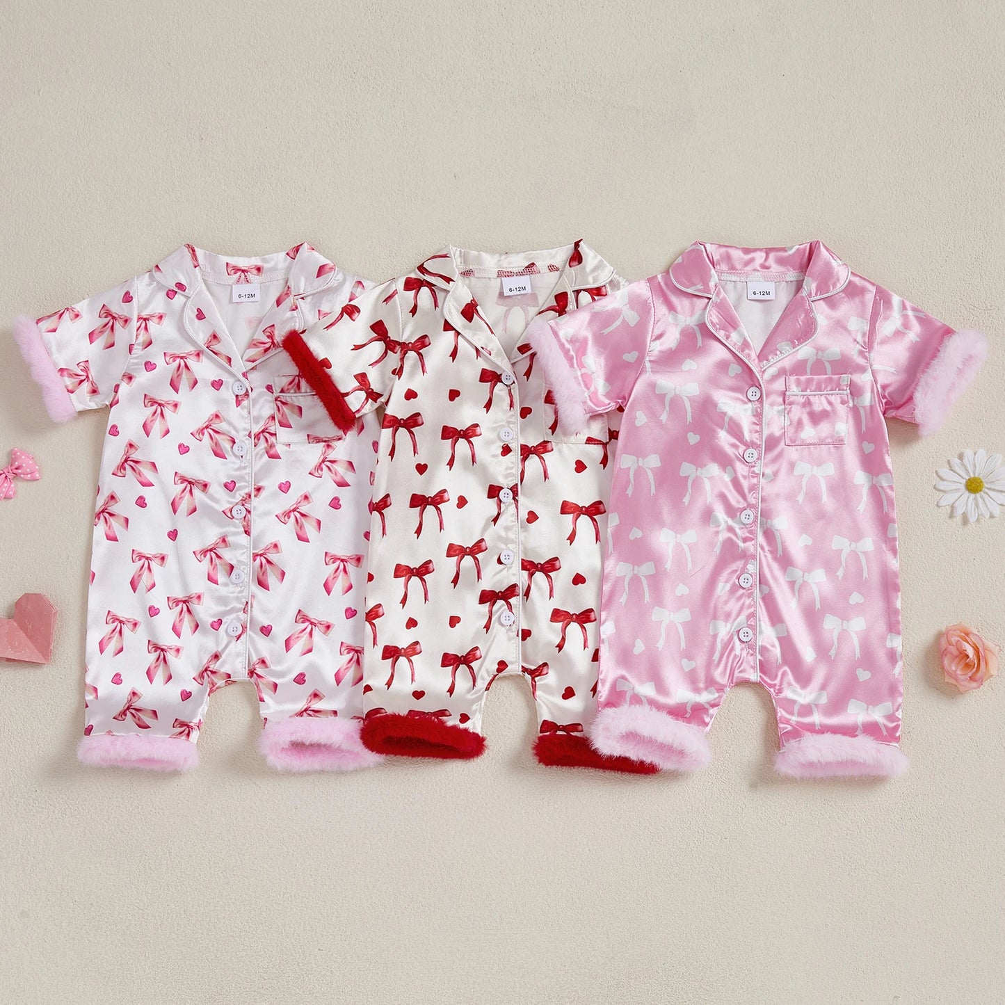 Baby Girls' Satin Romper Pajamas - Bow Print Feather Cuffs Short Sleeve Lapel Jumpsuit