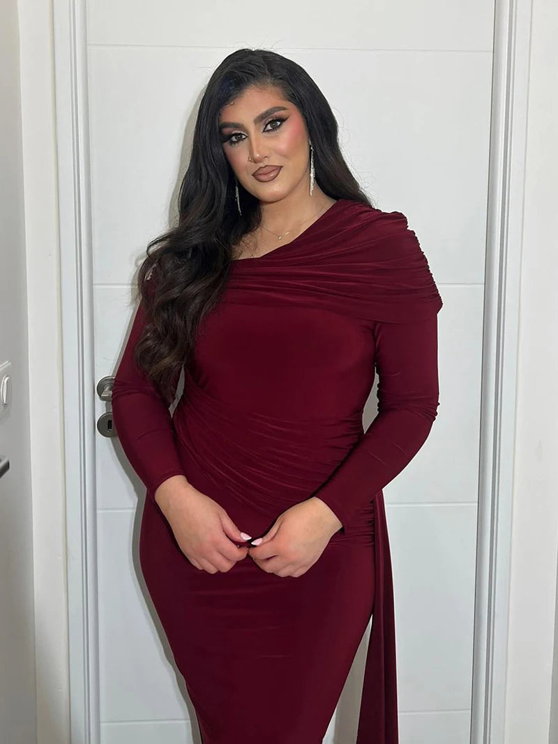 Women's Skew Collar Long Sleeve Maxi Backless Draped Ruched Bodycon Long Dress