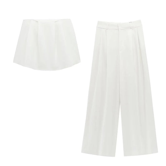 Women's Summer Pleated Strapless Top with Wide Leg Pants Set