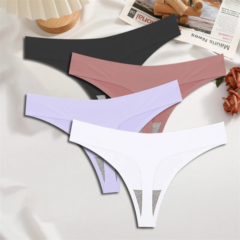 4-Pack Ice Silk Seamless Thongs - Low Waist Bikini Underwear