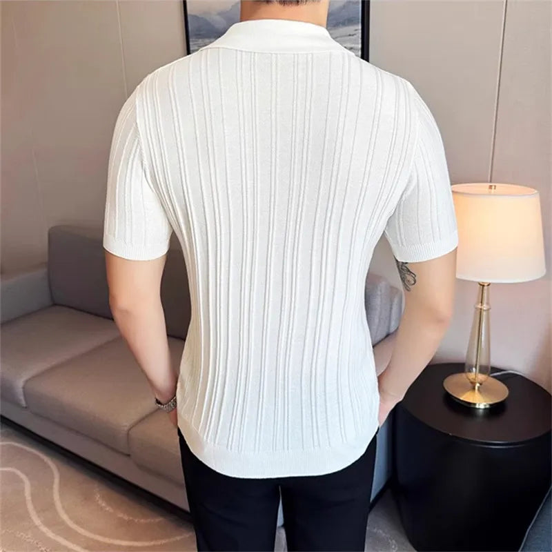 Men's Summer Polo Knitted Short Sleeve Smart Casual Turn Down Collar Half Zipper Shirt