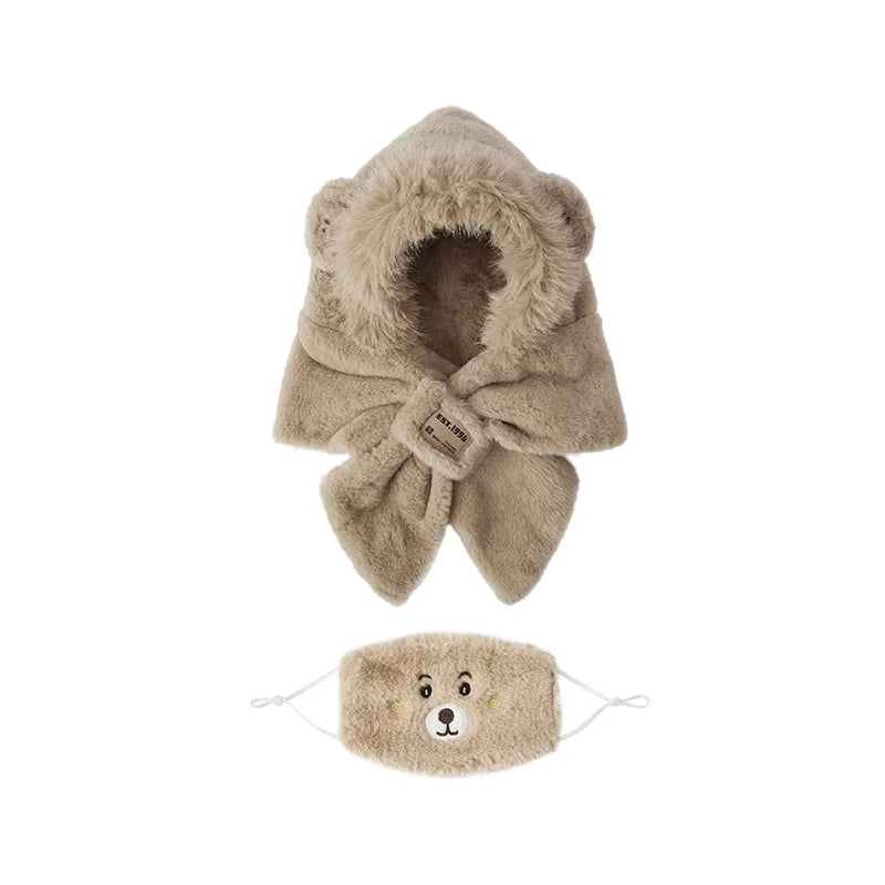 Cute Bear Hooded Scarf and Mask Set - Plush Warm Winter Accessory