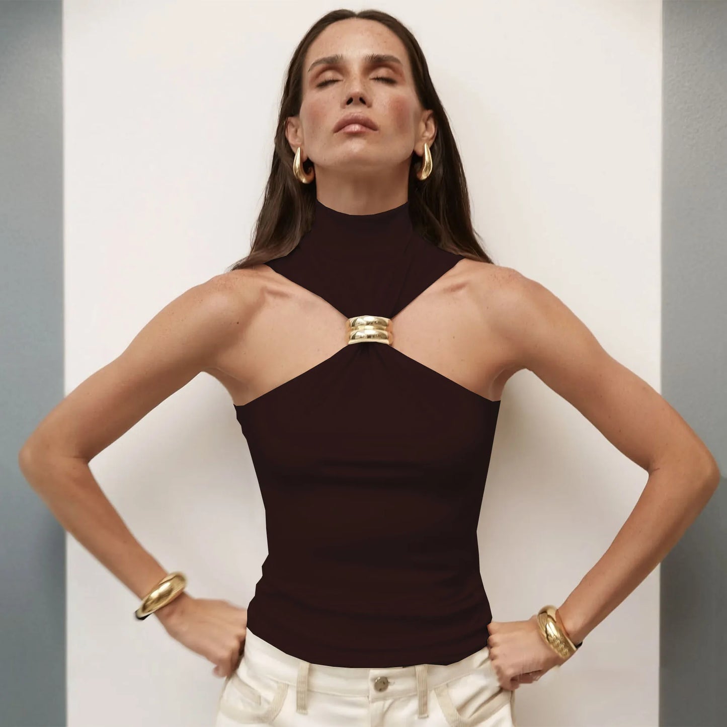 Women's Cut Out Sleeveless Turtleneck Tops Embellished Elegant Solid Top