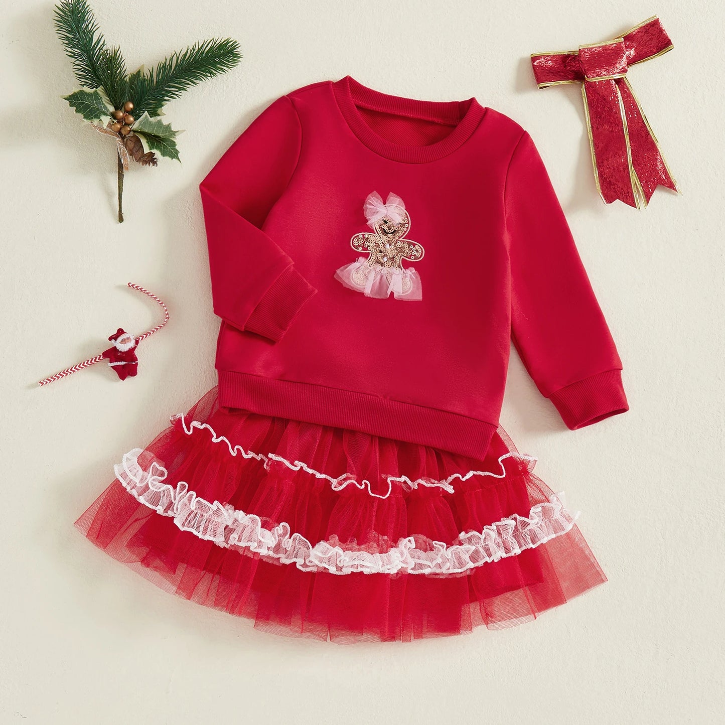 Kids Girls Christmas Outfit Set - Long Sleeve Xmas Embroidery Sweatshirt & Tulle Skirt (0-4Y)