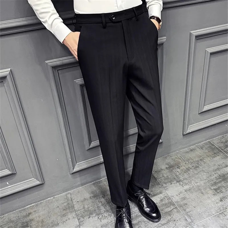 Men's Striped Suit Pants - Smart Casual Straight Trousers for Office & Wedding