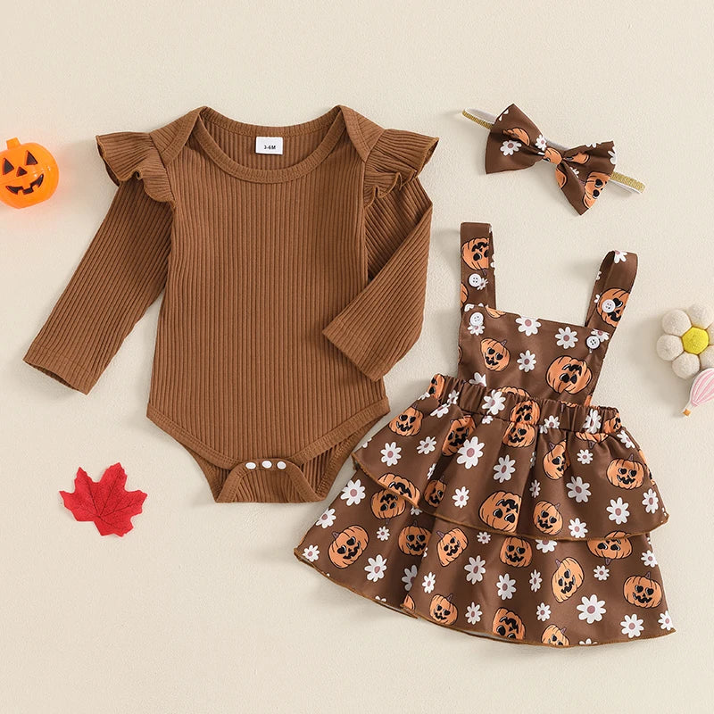 Baby Girl's Halloween Outfit Set - Ribbed Romper, Pumpkin Suspender Skirt & Bow Headband