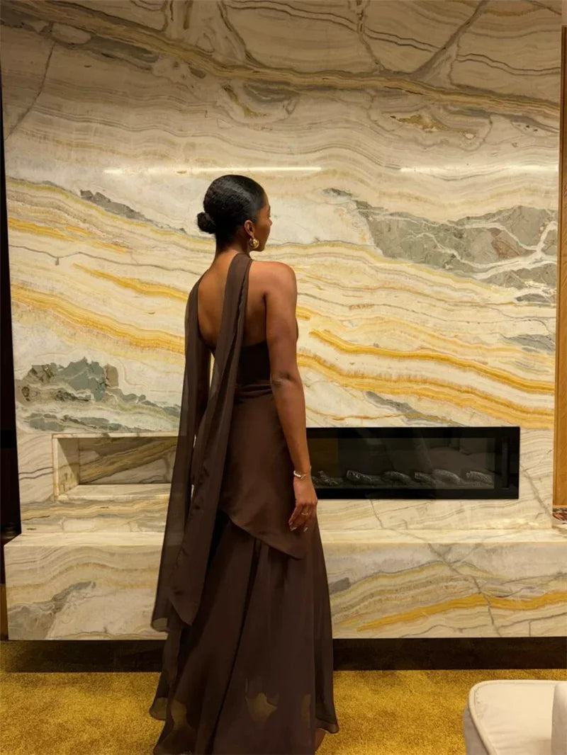Women's Elegant Strapless Maxi Gown With Scarf Off-shoulder Sleeveless Backless Split Beach Long Dress