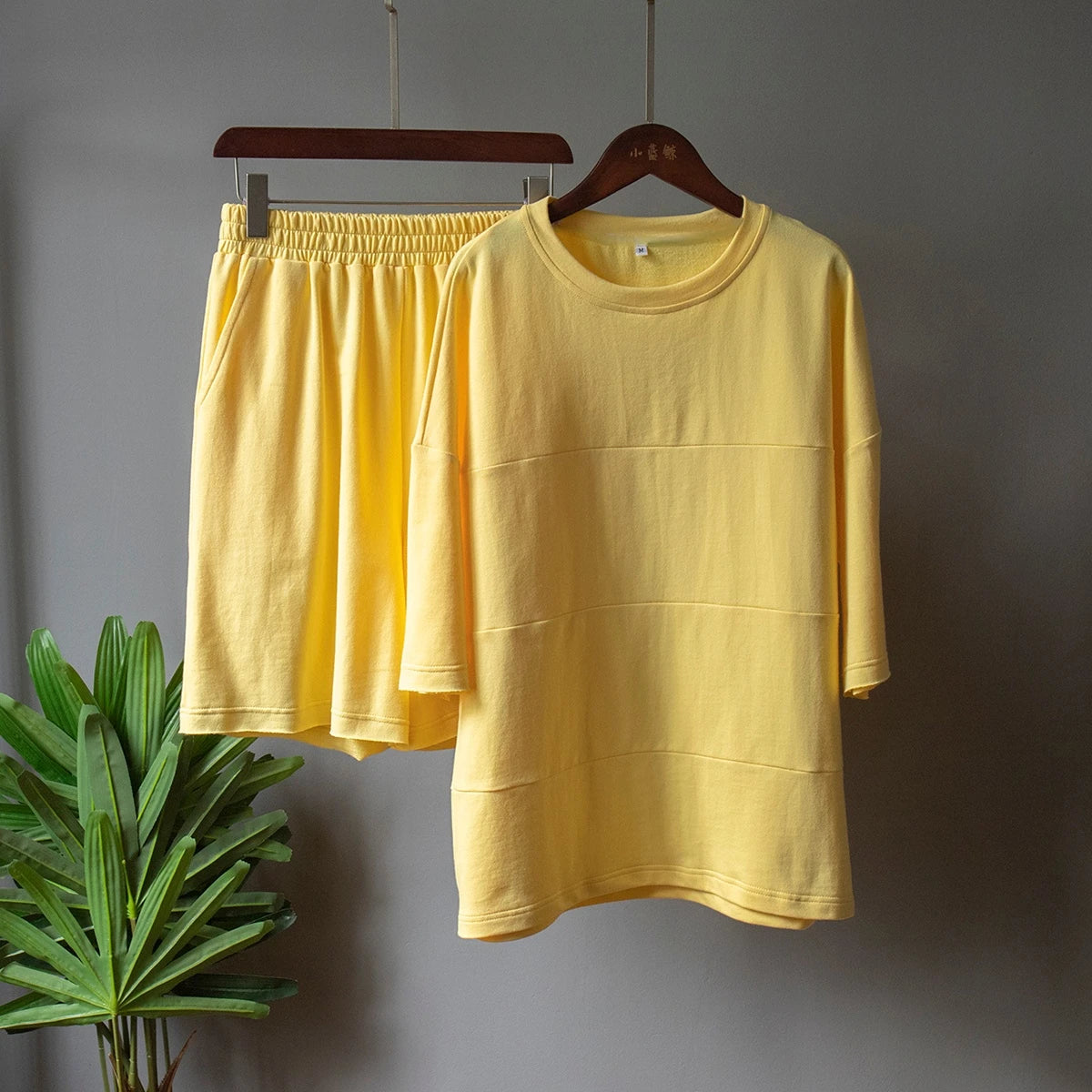 Women's 100% Cotton Shorts Set Half Sleeve Patchwork T Shirts & High Waist Shorts Two Pieces Set