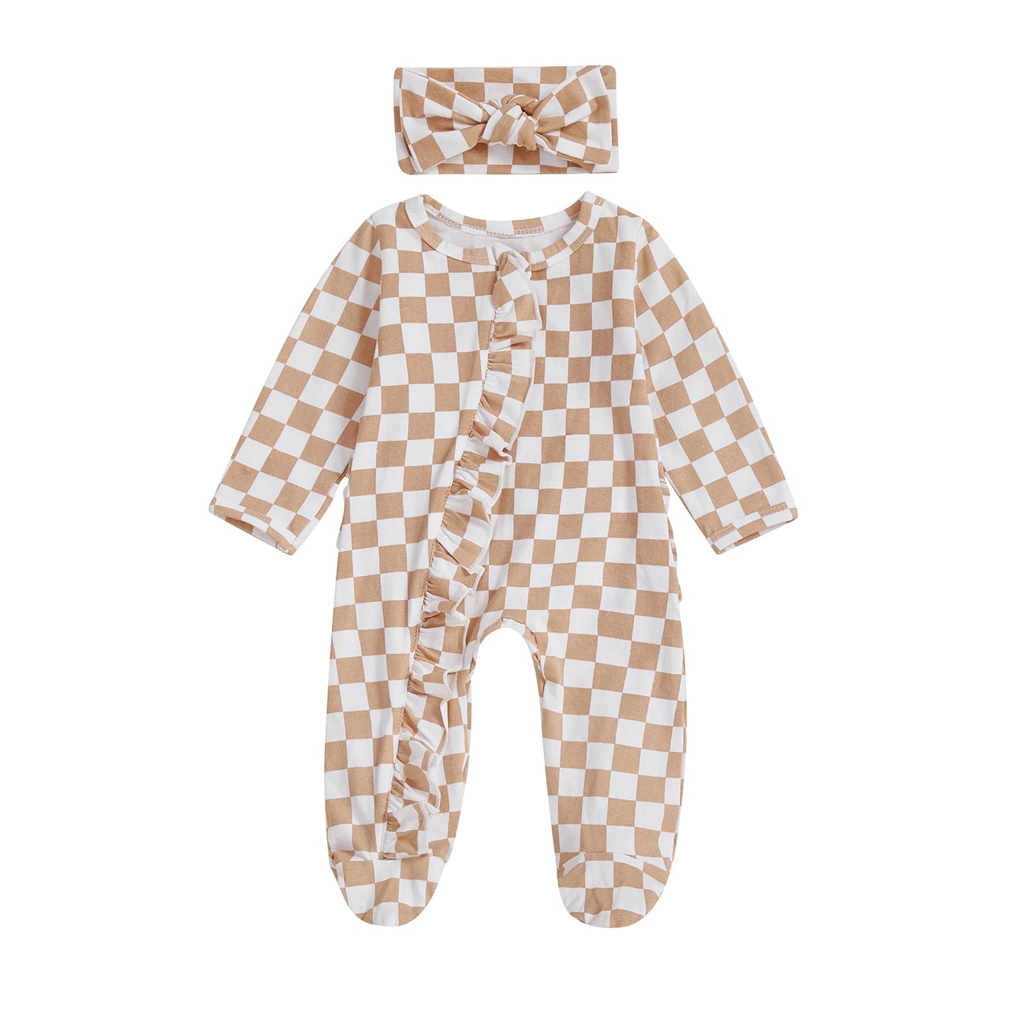 Newborn Baby Footie Set with Headband - Checkerboard Ruffled Zip Front Jumpsuit