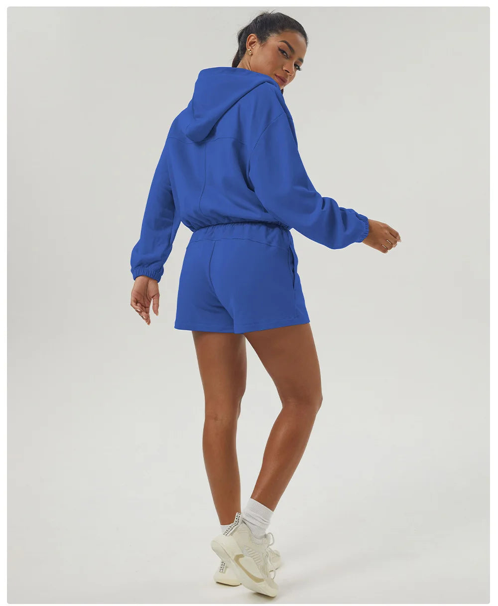 Women's Gym Running Suit Breathable Two Pieces Fitness Yoga Set Long Sleeve Hoodie Shorts Workout Sportswear