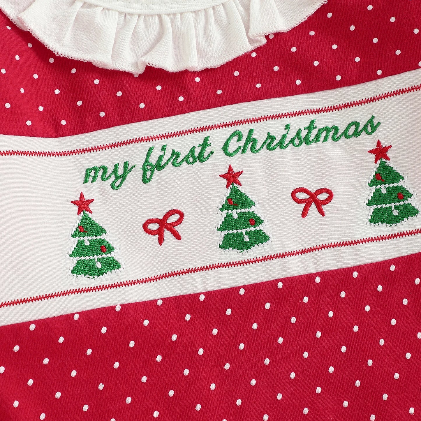 Newborn Baby Girls Christmas Footed Romper - Tree Embroidery Dot Print (0-12M)