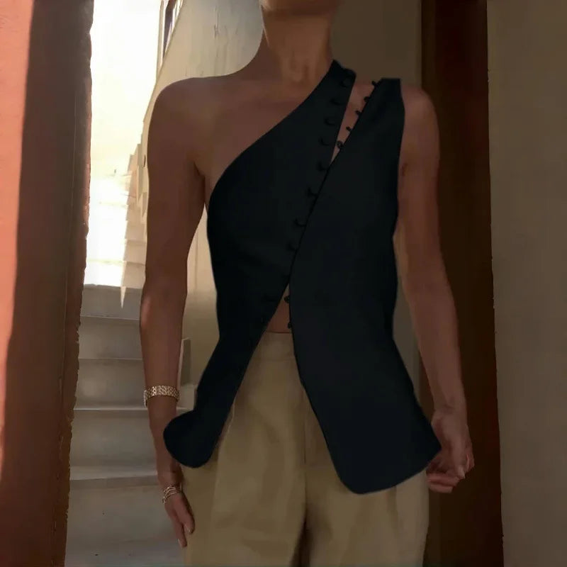 Women's Elegant Asymmetrical Top with Hook and Eye - Cut Out Backless Split Vest