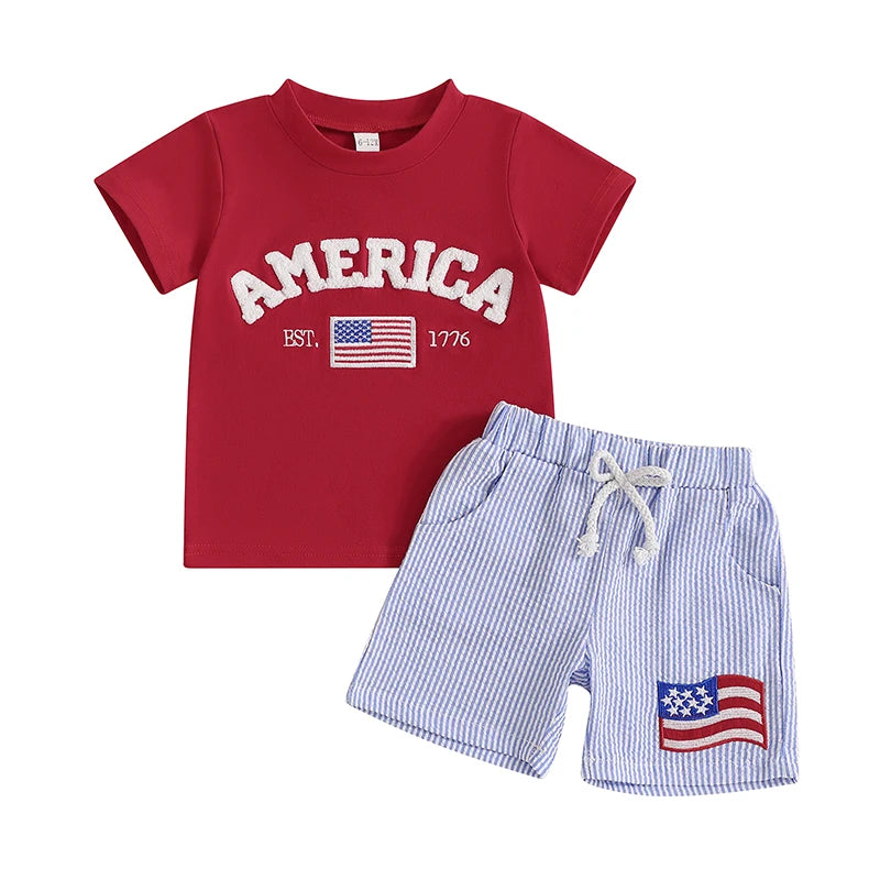 0-4Y Kids Boys American Flag Clothes Sets Letter Embroidery Short Sleeve T-Shirt with Stripe Shorts